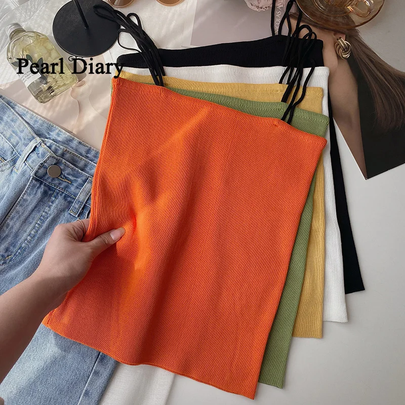 Pearl Diary off-the-shoulder Candy Color Knitted Summer New All-match Slim Womens  Crop Top Women  Sexy Sleeveless Casual Top