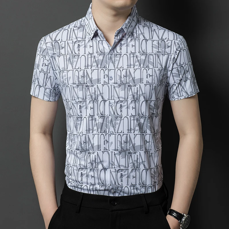 Men's Fashion Letters Seamless High Quality Clothes Summer 2024 Flowers Printing Anti- Wrikle Smooth Dress Shirt Short Sleeved