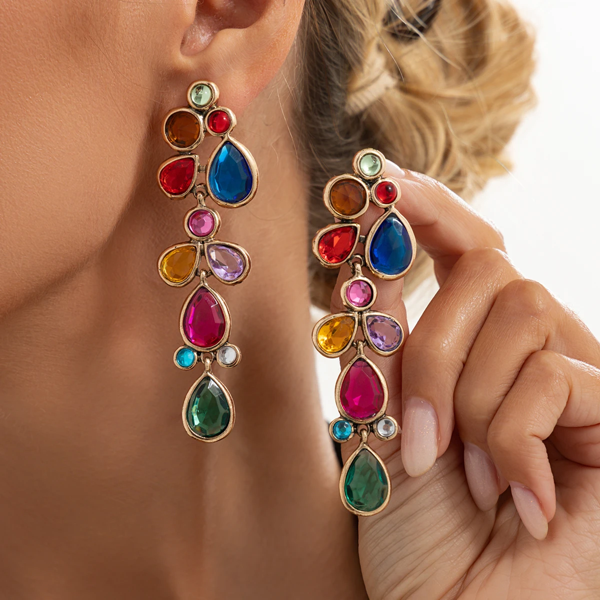 Salircon 5 Colors Trendy Rhinestone Crystal Pendant Earrings Women Exquisite Geometry Tassel Piercing Drop Earrings Jewelry New