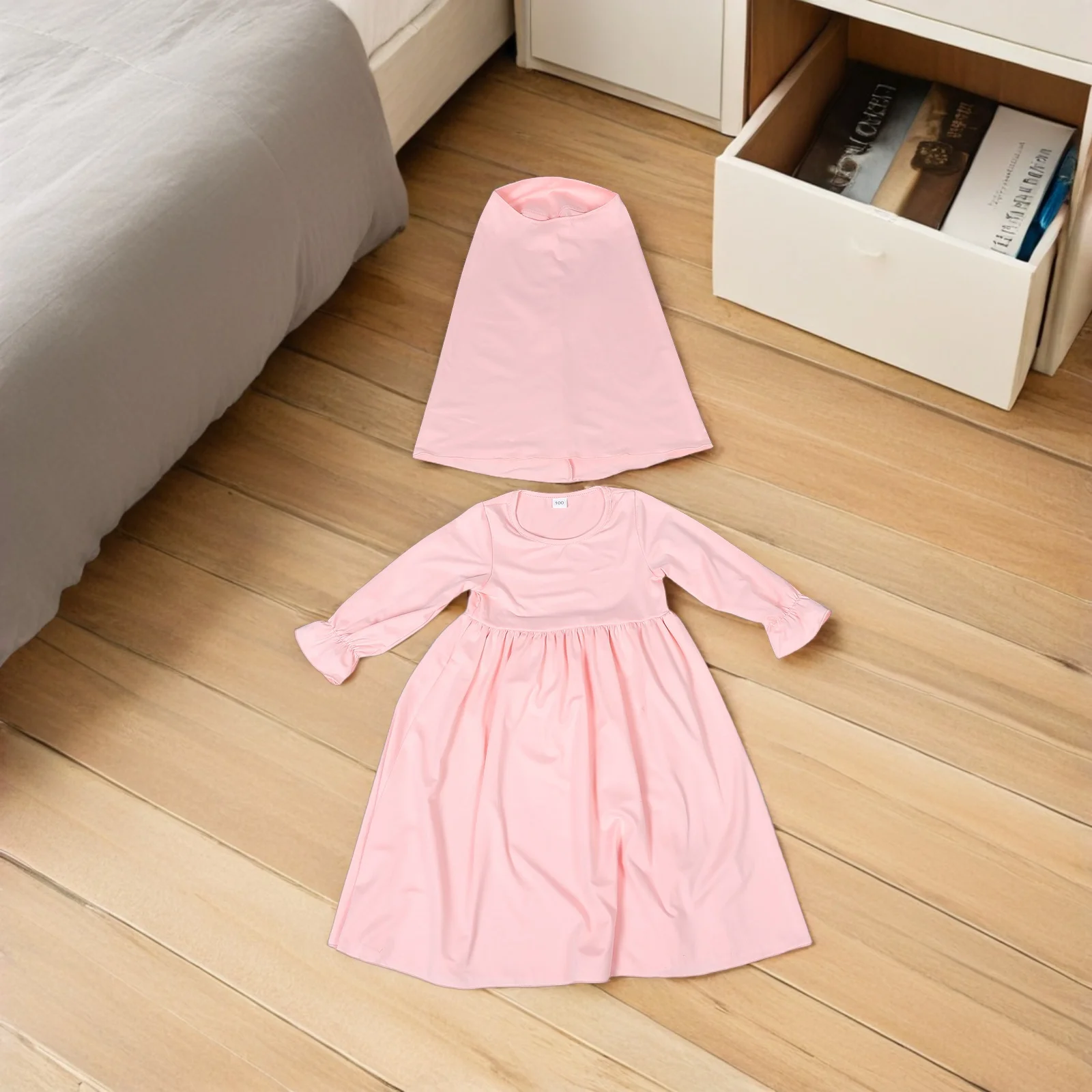 1 set 1 set vestito per bambini set 100 cm manica lunga vestito musulmano per la ragazza del bambino neonate hijab manica volant abito da preghiera bambini