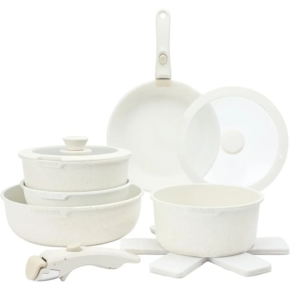 

Country Kitchen 13 Piece Pots and Pans Set - Safe Nonstick K with Removable Handle, RV Cookware Set, Oven Safe (Cream)