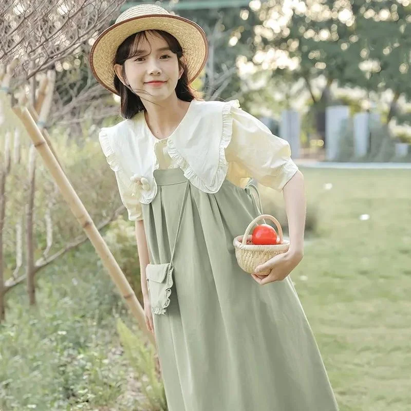 

Комплект из двух предметов: летний повседневный свободный костюм с юбкой А-силуэта для женщин, размеры 300+ (большие размеры), милый и стильный, в студенческом стиле