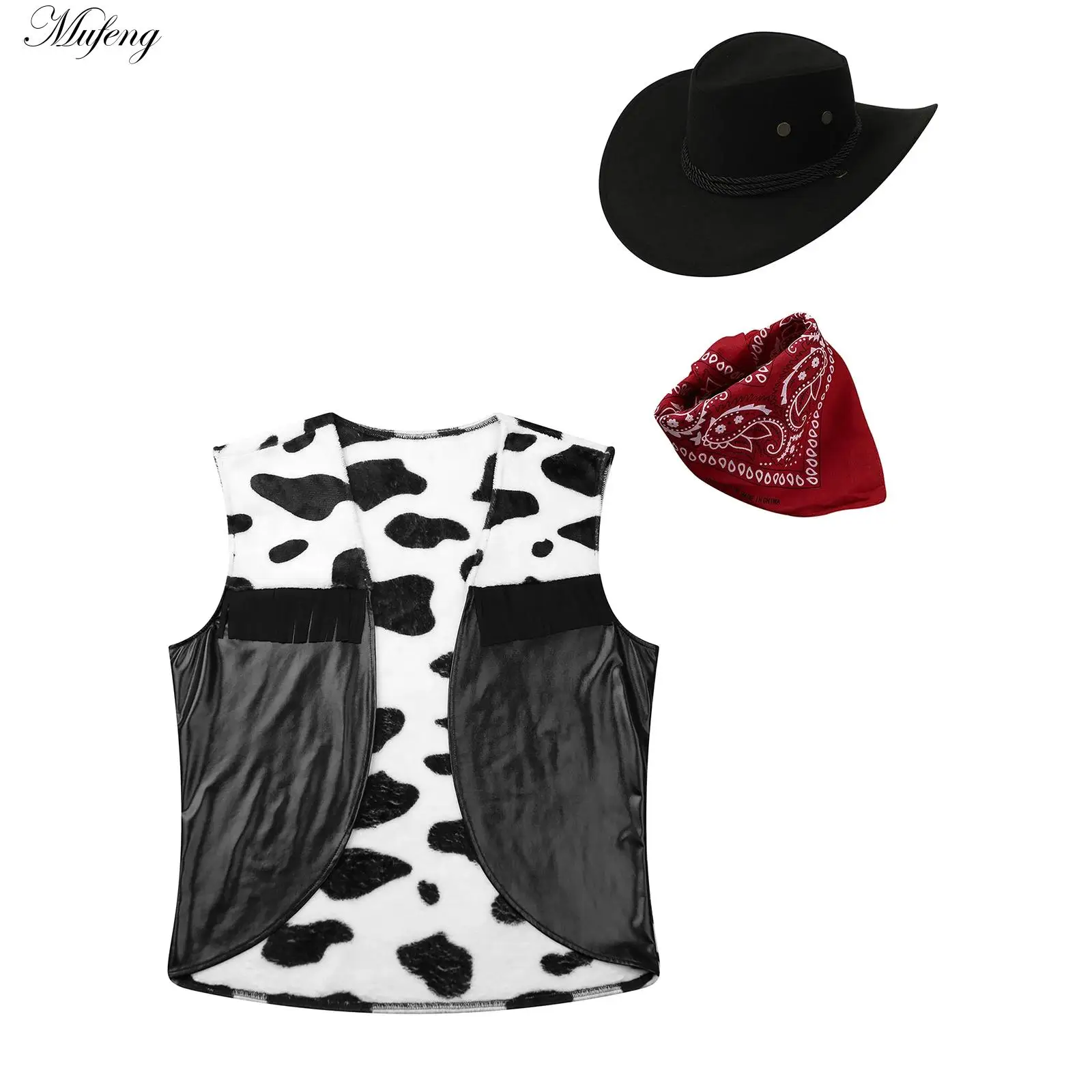 Unisex Men Western Cowboy Cowgirl Costume Set Sleeveless Cow Printed Waistcoat with Hat Bandana Halloween Cosplay Dress Up