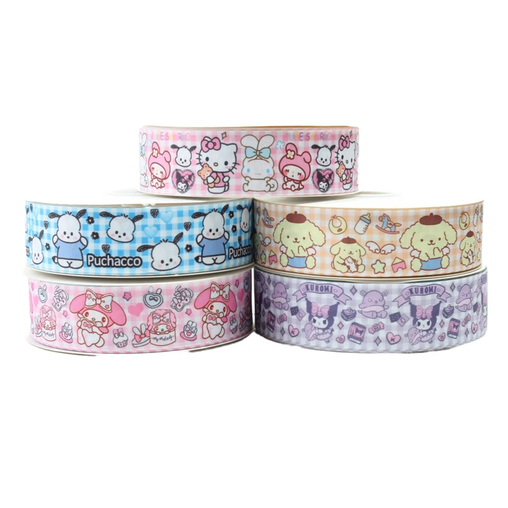 

10Yards Plaid with Sanrio Cartoon Hello Kitty 38mm Grosgrain Ribbon for Hairbows Gifts DIY Craft Materials