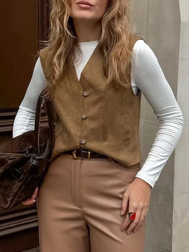 ファイオナブル Vネック スリム シングルボタン ベスト カーディガン レディース 通勤 スタイリッシュ 無地 カジュアル アウター トップス