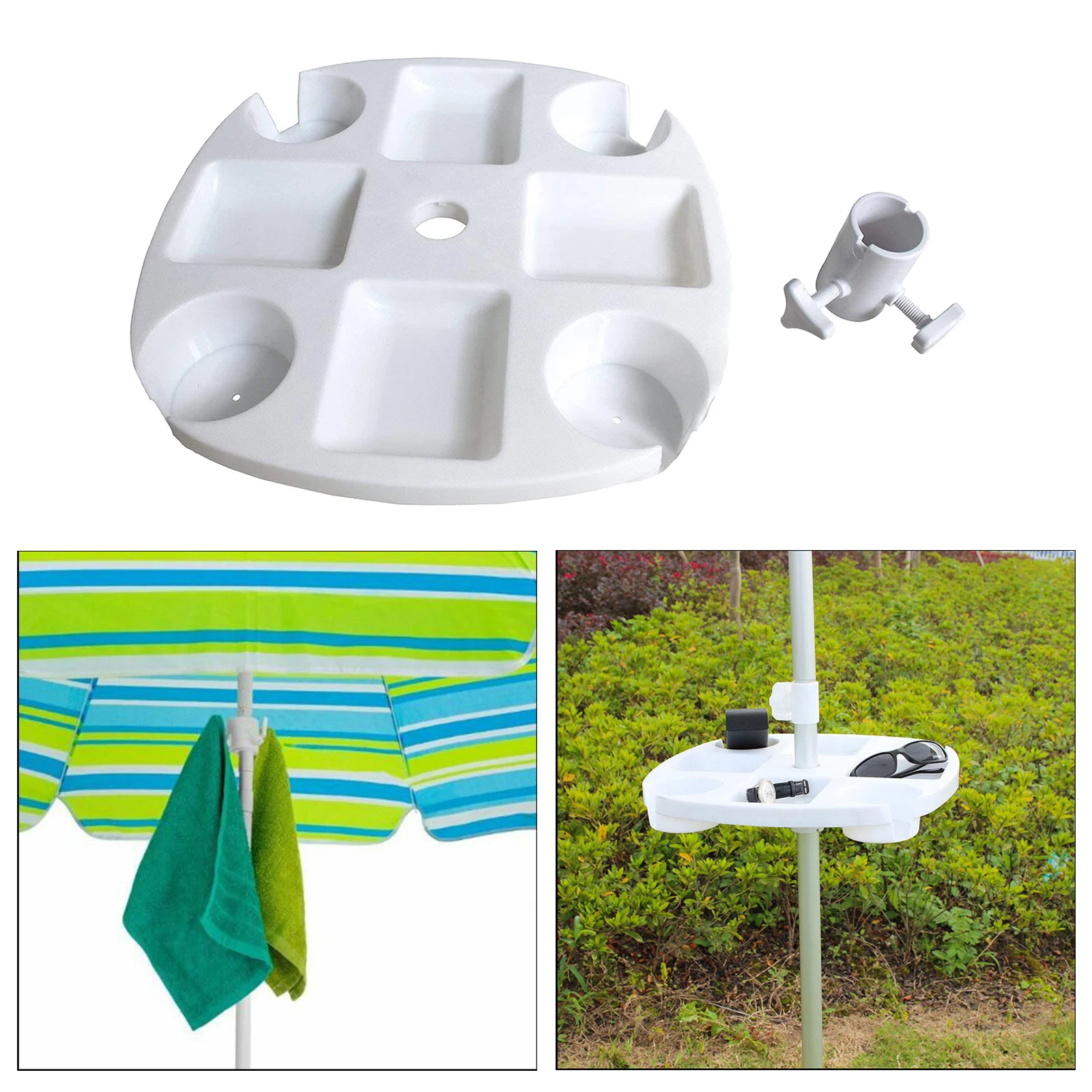 Plastic Beach Umbrella Table Tray with Hanging Hook for Beach Patio Garden White, Totally 4 Cup Holder, 4 Snack Compartments