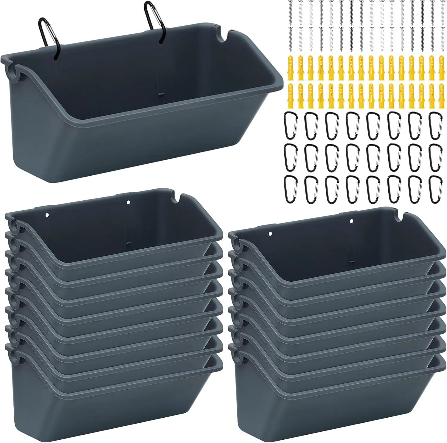 Paquete de 16 Comederos Colgantes de 5 Cuartos de Galón con Clips Metálicos para Pollos, Cabras, Patos, Pavos, Caballos, Cerdos, Ciervos, Gansos - Gris Oscuro