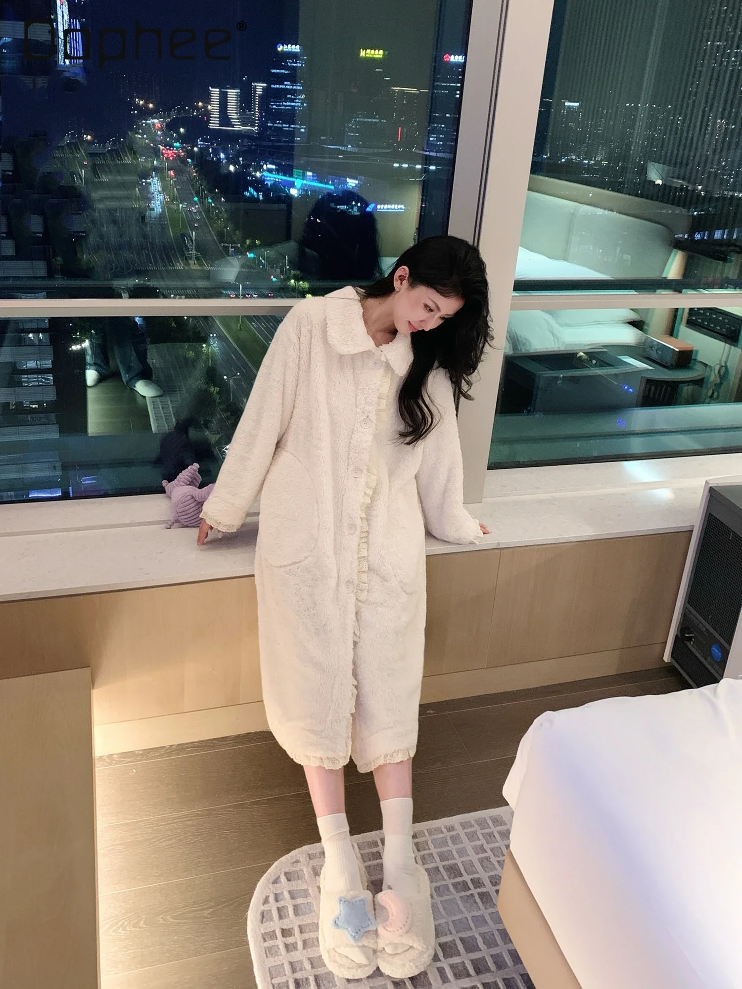 

White Coral Fleece Nightgown Lace Patchwork Long Sleeve Lapel Single-breasted Bathrobe Mid Length Loose Robes Winter