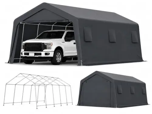 13x20 Ft Heavy Duty Carport with Galvanized Frame and Doors, Black | Removable zipper doors, vents, and PE canopy help