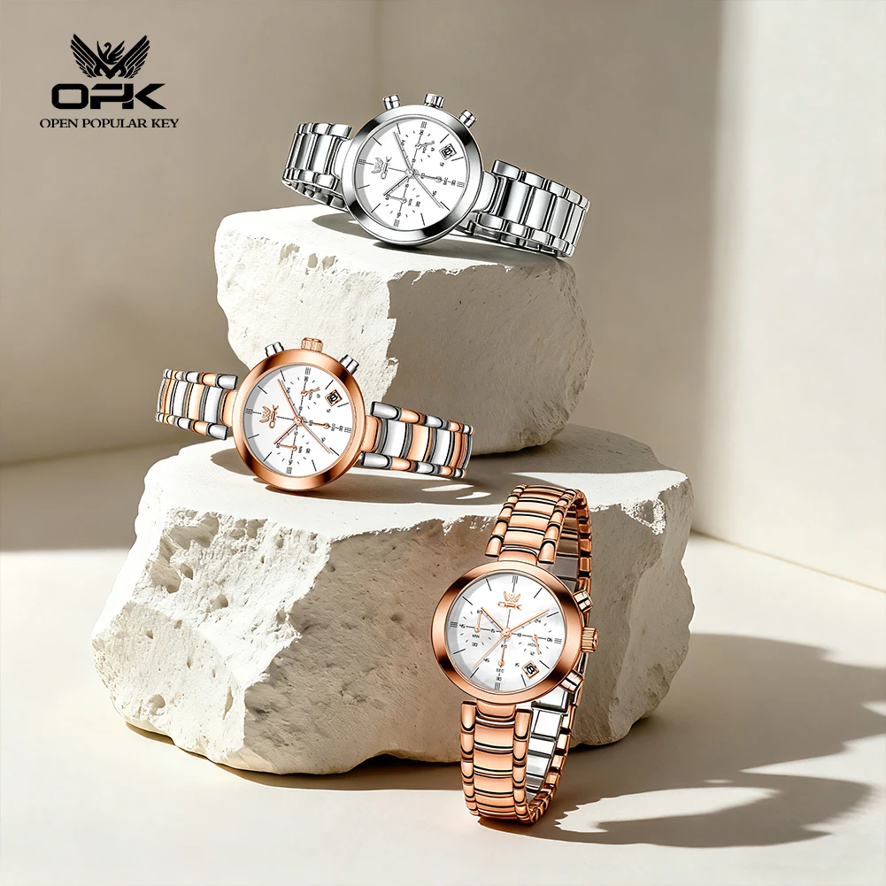 OPK brand new multifunctional fashionable quartz form calendar steel strip night light waterproof women's watch 8191