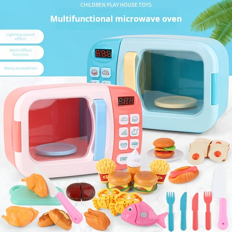 Microwave toy kitchen play set, kids' pretend electronic oven, comes with play food, children's cookware pots and pans toy set, cooking utensils, perfect kitchen toy for girls and boys to learn (pink/blue)