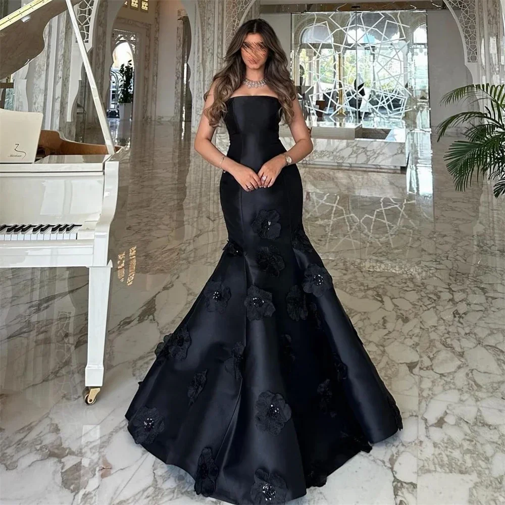 Customized  Evening Gown Saudi Arabia Strapless Trumpet Floor Length Applique HandmadeFlower Bespoke Occasion Dresses