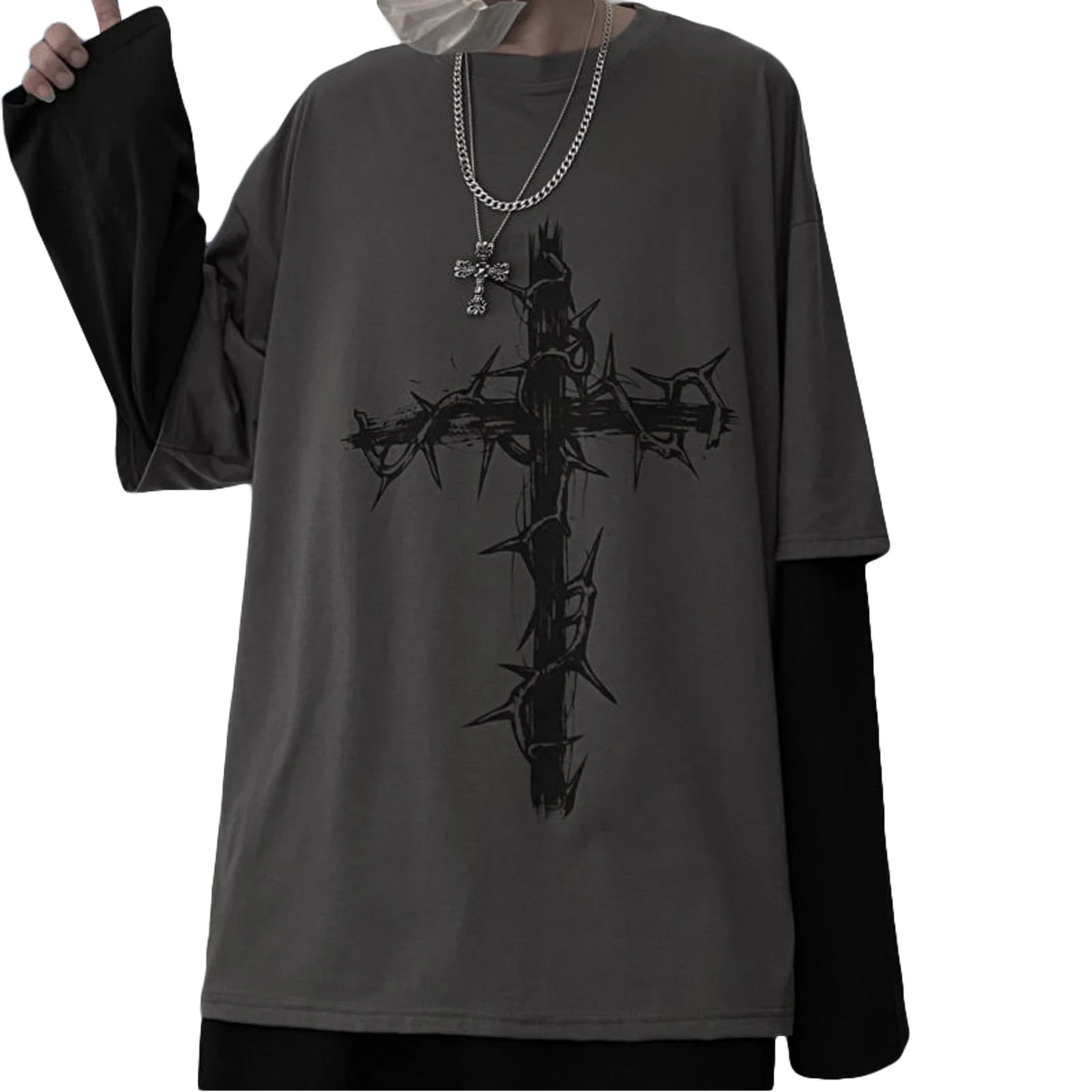 Women Gothic Punk Shirt Fairy Grunge Round Neck Long Sleeve Oversized Tops Vintage Cross Print T Shirt