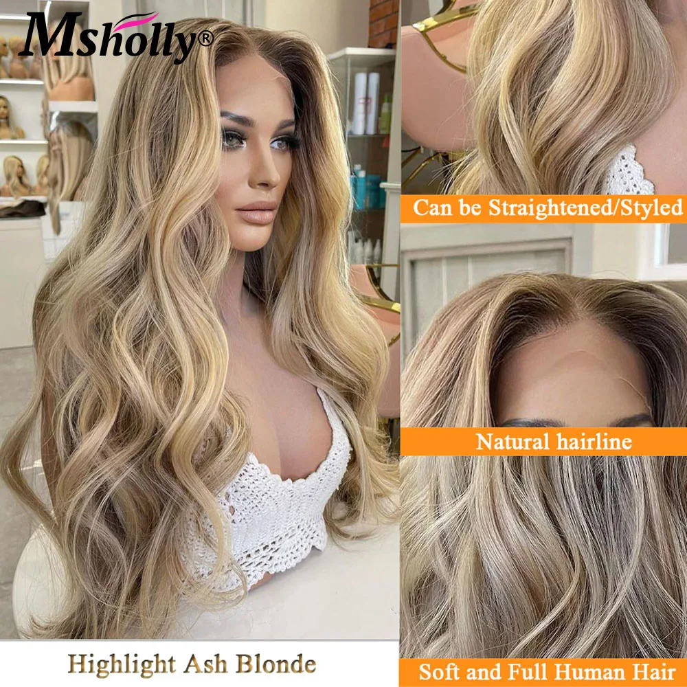 Highlight Cream Ash Blonde Body Wave 100% Human Hair Pre Cut Lace White People Wig 5x5 Glueless Lace Wig 250% Density Wigs