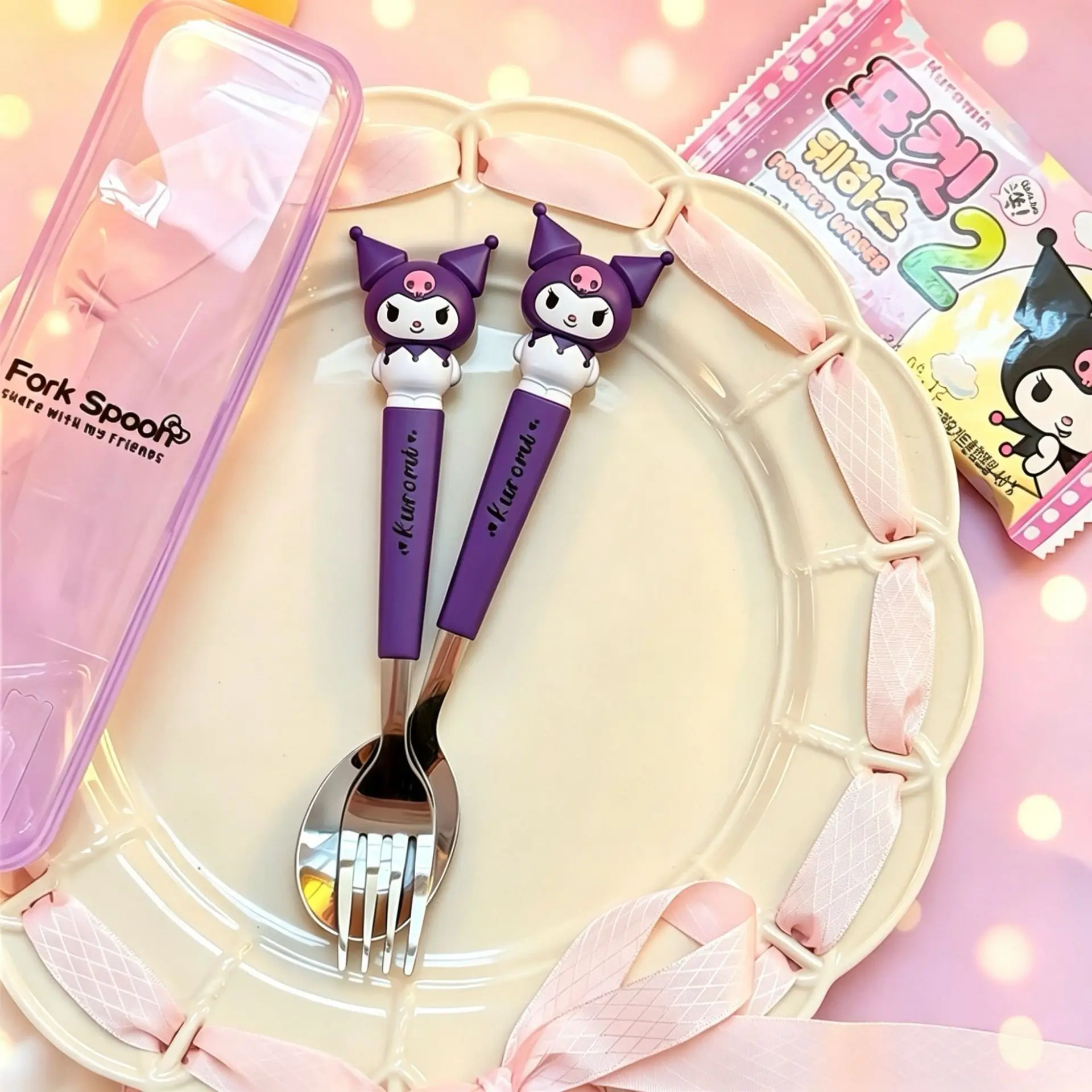 Cute Cartoon Stainless Steel Cutlery Set, Portable Spoon Fork Tableware with Storage Box for Student Kids