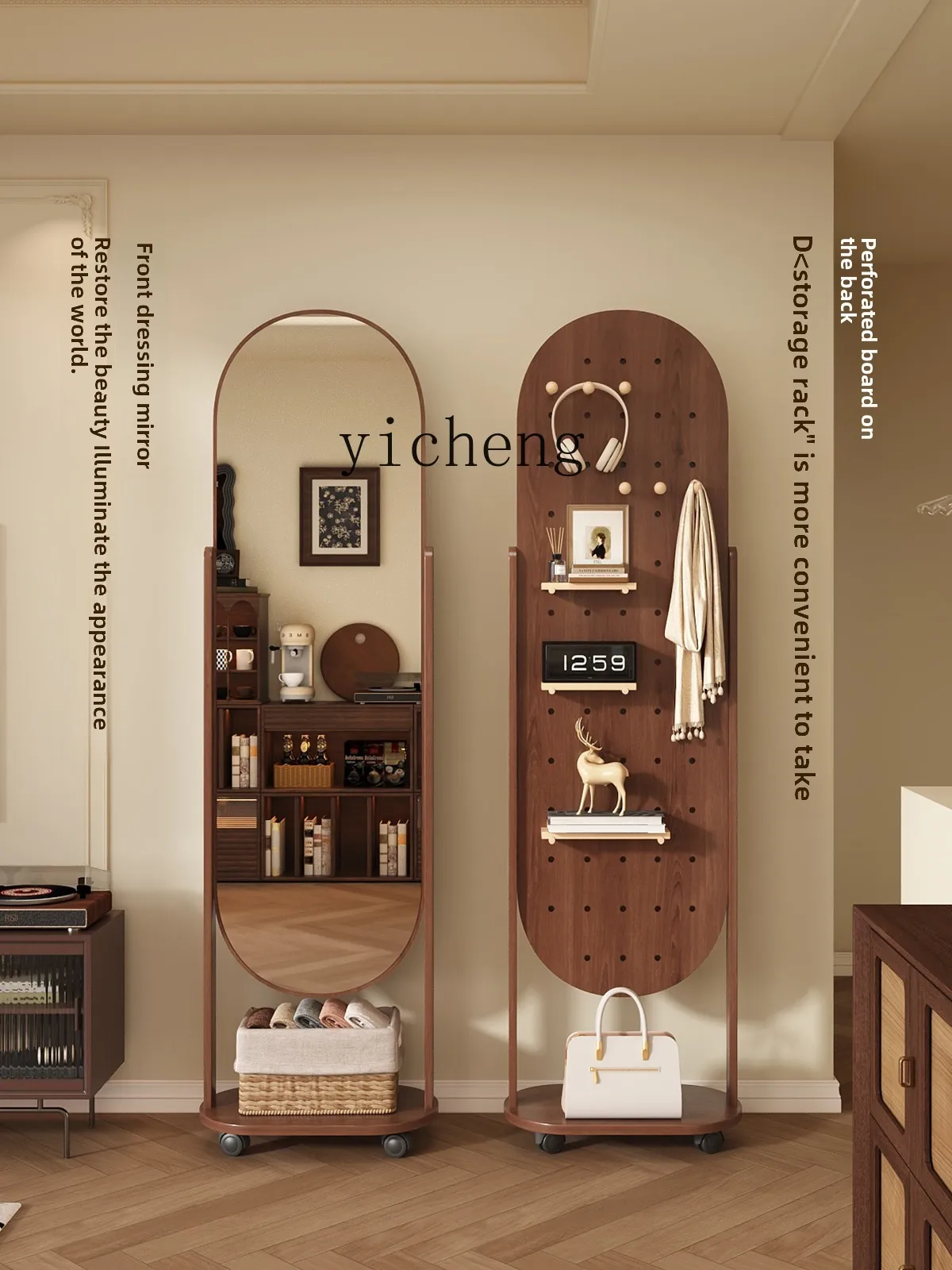 JJ full-length mirror rotating whole body movable floor-to-ceiling household clothes hanger integrated fitting mirror