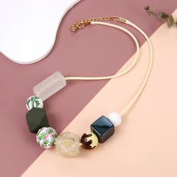 Vintage Printing Wood Beads Pendants Necklaces for Women Geometric Acrylic Bib Necklace Collar Jewelry