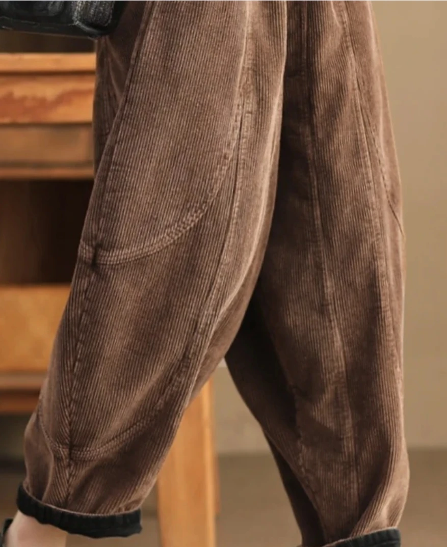 Winter Fashion Corduroy Pants Womens Leisure Loose Vintage Fur Harem Trousers Ladies Classic Luxury Elegant Clothes