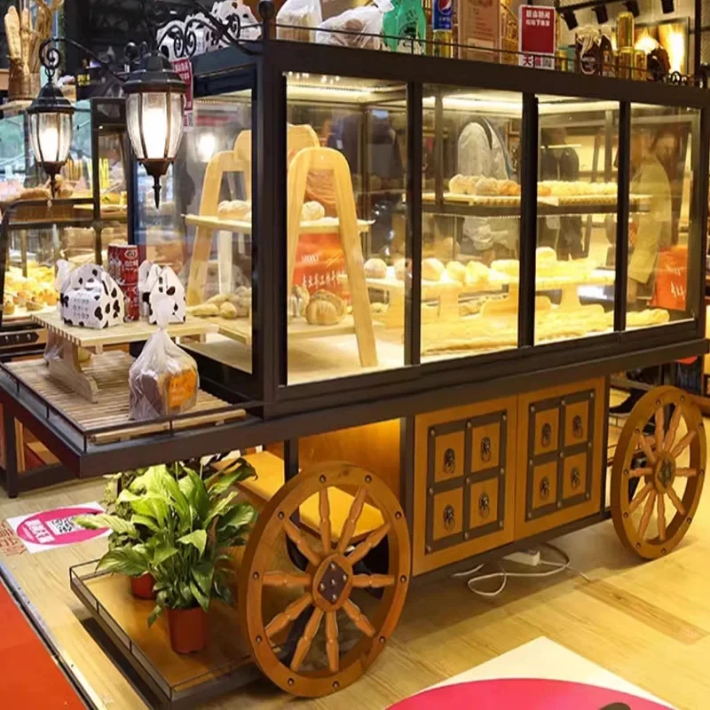 custom.Mushen Forest Commercial Display Rack Customized Modern Painted Glass Island Counter Bread Rack Solid Wood Iron Mall