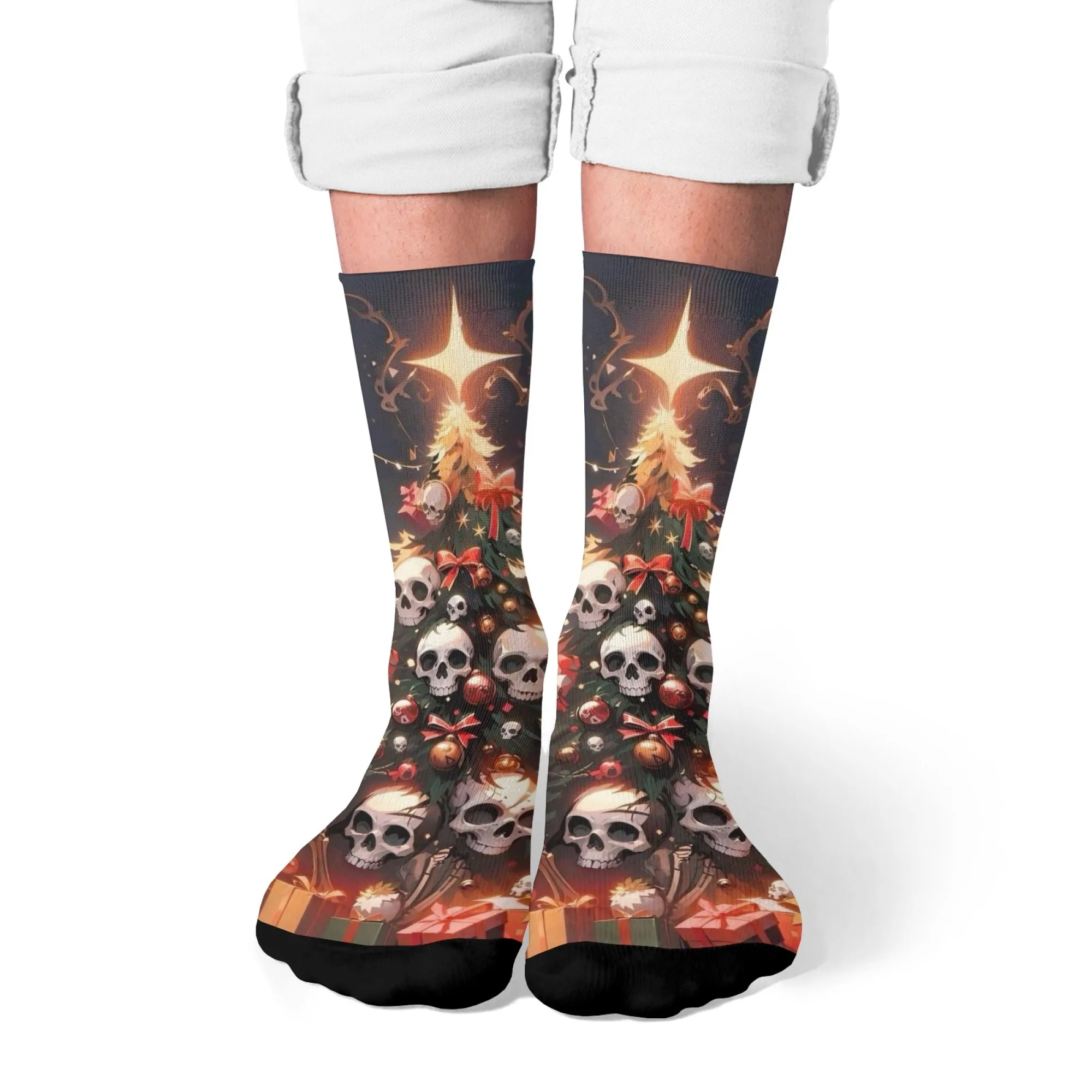 팝 문화 테마 남성용 크루 양말 야외 여행 하이킹 및 사이클링을 위한 속건성 통기성 독특한 해골 크리스마스 트리 프린트