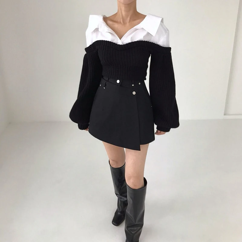 Maglione nero corto Moda donna Patchwork Pullover lavorato a maglia Maglieria coreana a maniche lunghe Autunno Inverno Maglioni dal design elegante