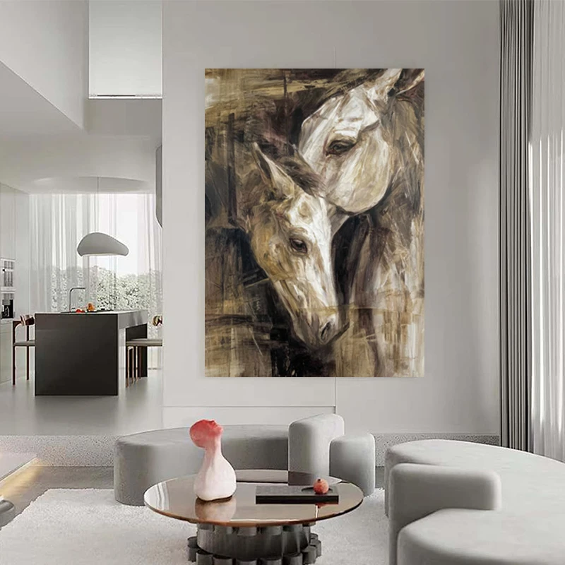100% Handmade Abstract Oil Painting On Canvas Dark Gray Textured Arabian Horse Wall Art Picture for Home Living Room Decor