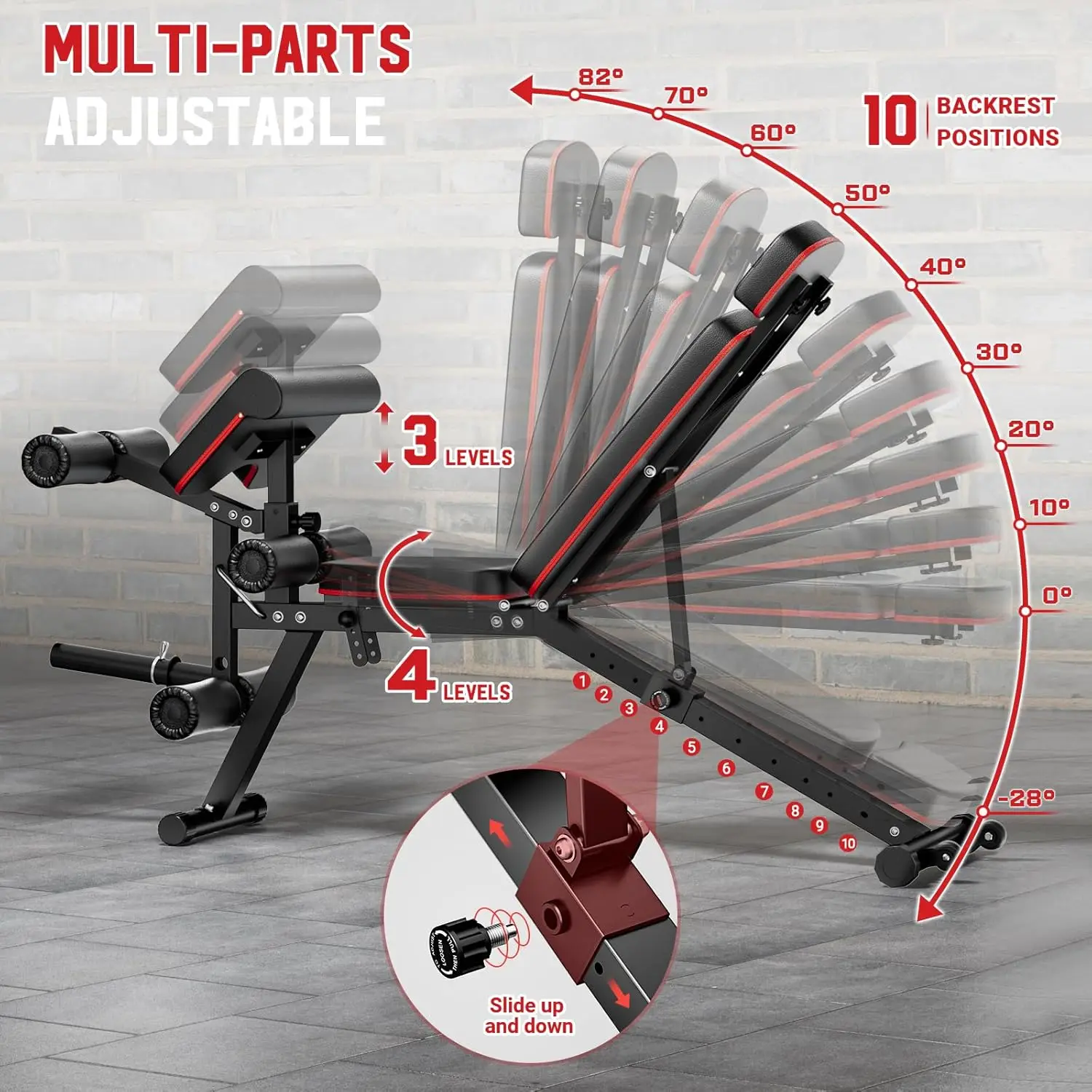 Workout Bench for Home Gym with Extended Headrest, Leg Extension and Preacher Curl Pad, Incline Decline Fla