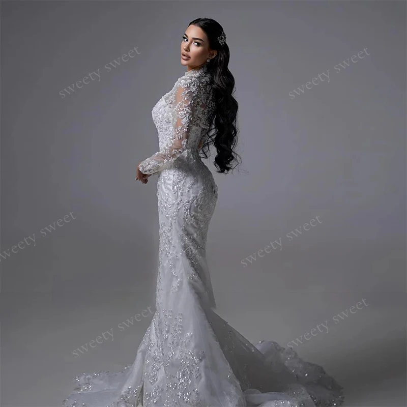 Luxurious Detachable Train Wedding Dress Sequins With Organza With Embroidery Mermaid Ball Gown High-Neck Full Sleeve Customized