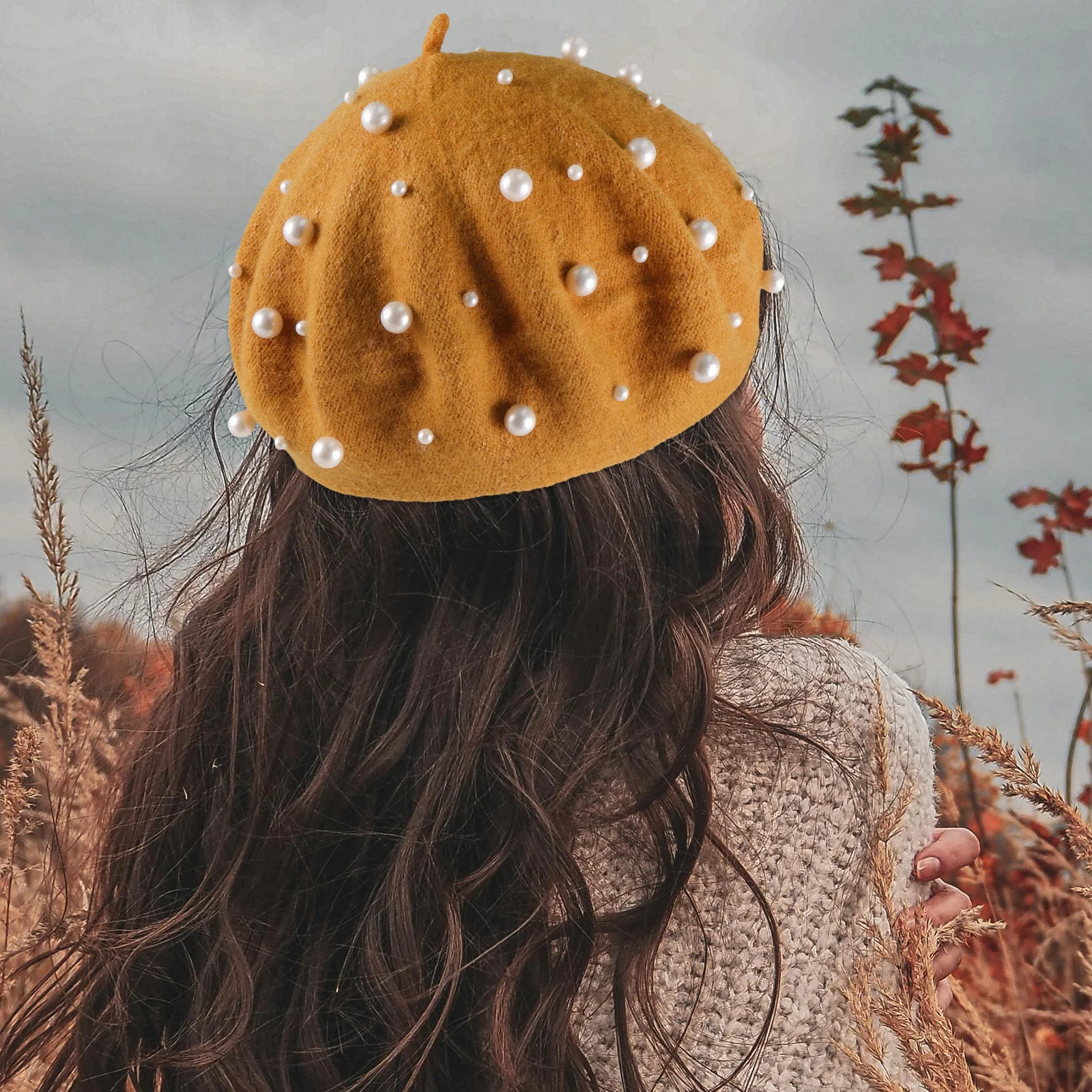 

Pearl Beret for Women Yellow Cashmere Soft Cozy H Knitted Beaded Rivet Wool Beret Foldable Winter Hats