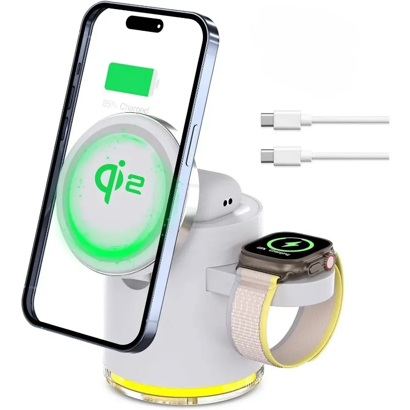 

Настольная магнитная беспроводная зарядная станция Qi2, подставка для быстрой зарядки для iPhone 17, 16, 15, 14, 13, 12, iWatch 10/9/8/7 SE AirPods Pro