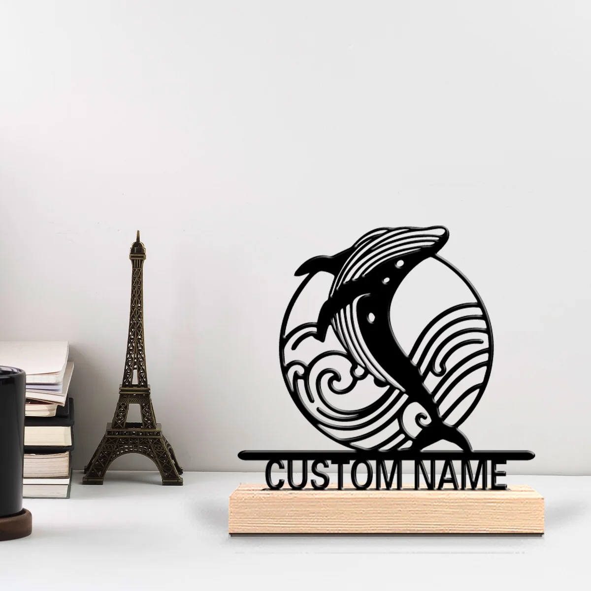 1pc Minimalist whale Custom Text Tin Statue Metal Ornament Handicraft With Wood Base Tin Sculpture For Office Room Decor