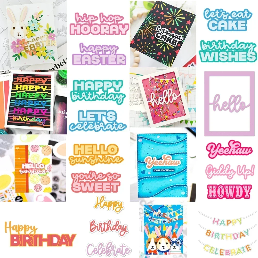 Stanzformen aus Metall mit Schriftzügen „Stacking Shadow Happy Birthday/Happy Easter“ zum Basteln von Scrapbooking-Papierkarten.
