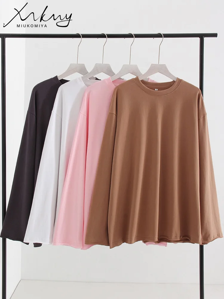 Basic Solid Cotton Oversized T-shirt Women Pink Long Sleeve T Shirts For Woman Loose Tshirt Summer Tops For Women Autumn 2024