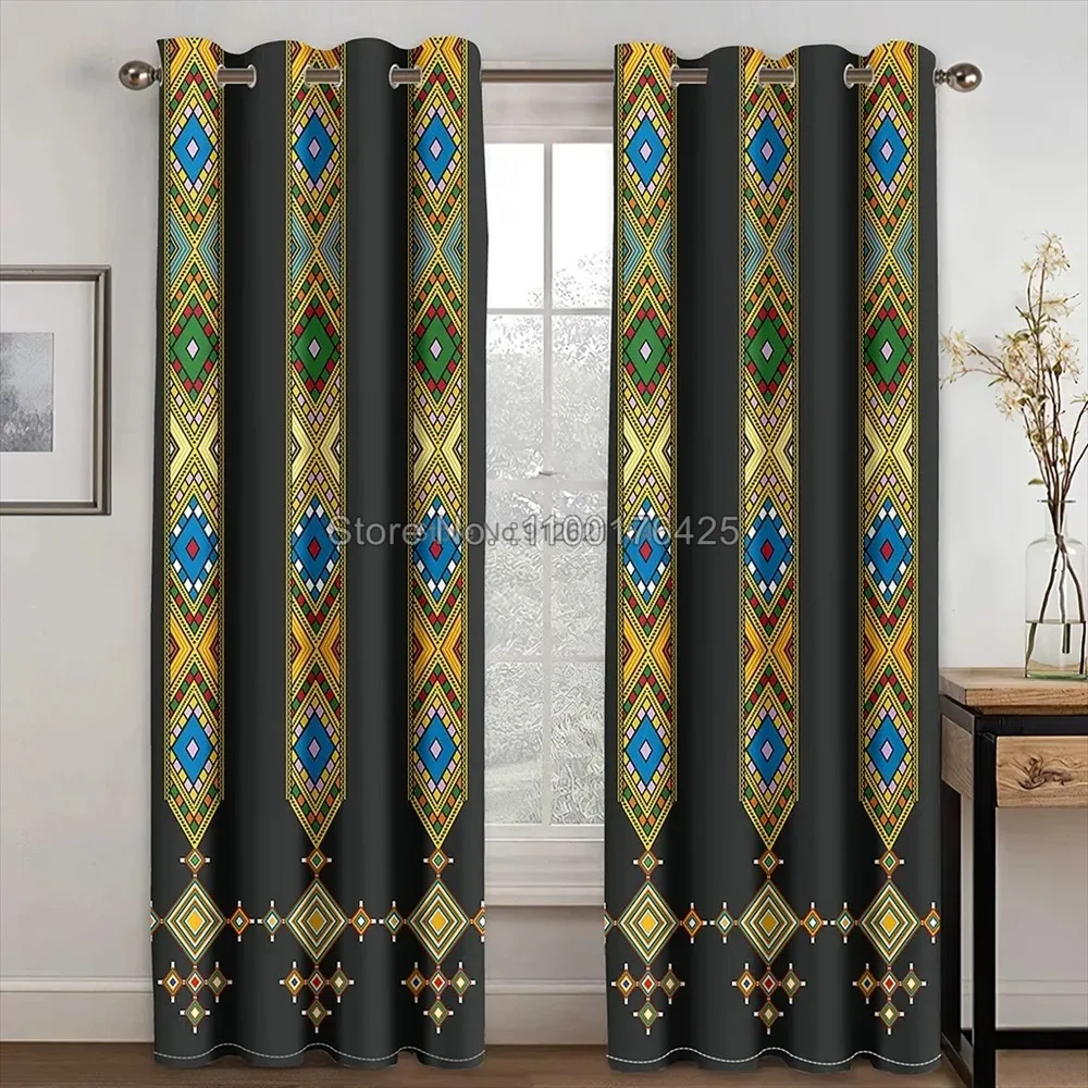 Ethiopian and Eritrean Traditional Window Curtains for Living Room Habesha Decor Black Curtains Thermal Insulated