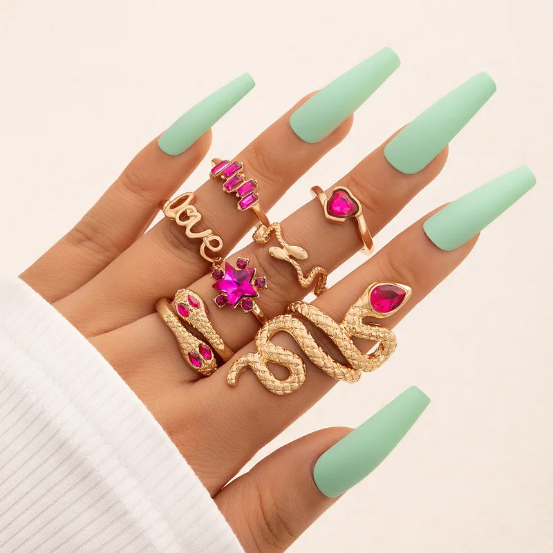 New Crystal Geometric Kunckle Ring Set For Women Colorful Rhinestone Heart Butterfly Snake Wedding Finger Ring Boho Jewelry