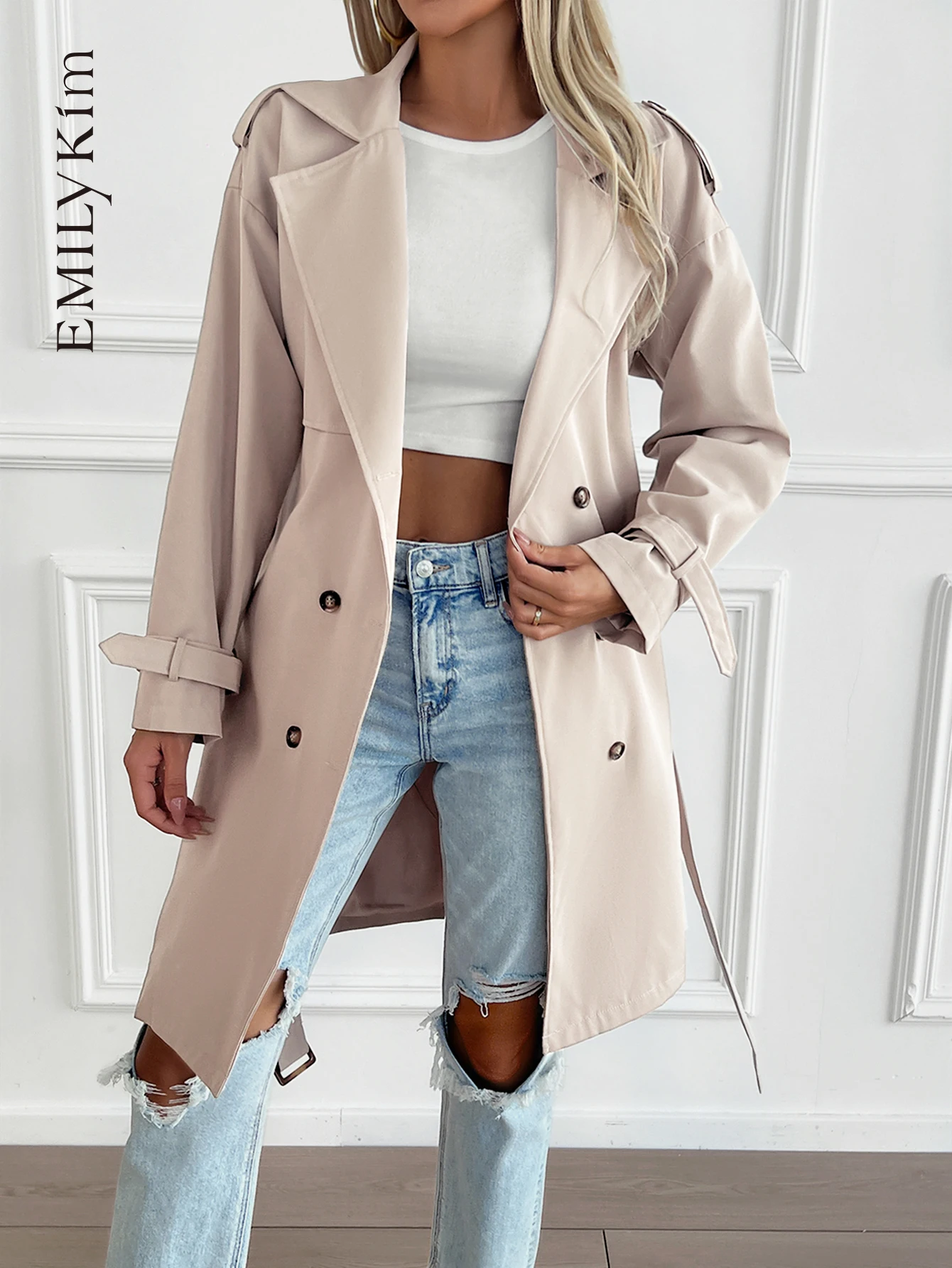 Women British Casual Windbreaker Streetwear Double Breasted Long Trench Coats Elegant Autumn Winter Casual Medium Length Jacket