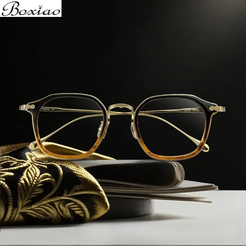 Handmade Pure Titanium Glasses Frame LO-08 Retro Tortoise Shell Bronze Plate Joker Glasses for Men and Women Myopia Glasses