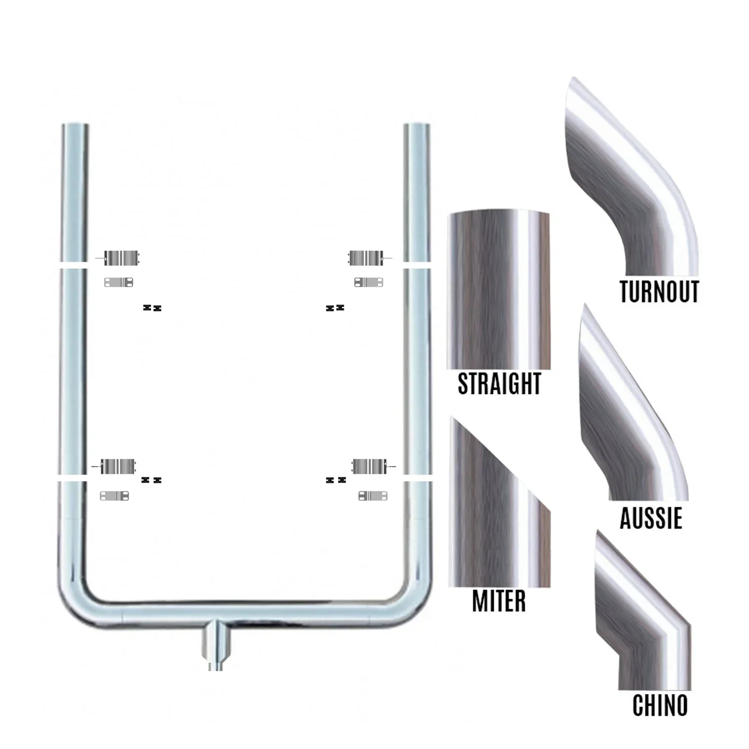 Semi Truck OD 8 Inch  Aussie Cut Stainless Steel or Chrome Exhaust Stack Kits with Long 90 Degree Elbows for Peterbilt