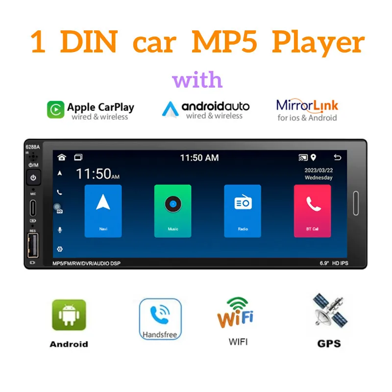 

LABO 1 Din 6.9 inches Android Navigation MP5 Player 2G/32G quad-core WIFI/GPS navigation /Carplay Bluetooth radio player 6288A