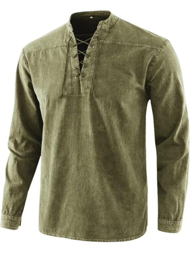 Mens Pirate Shirts Renaissance Medieval Henley T Shirt Retro Lace Up Long Sleeve Gothic Celtic Hippie Victorian Costume