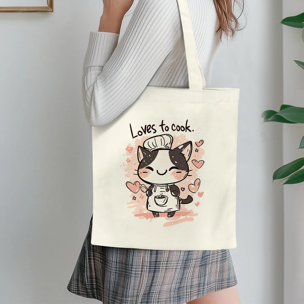 

Kitten Lover's Doodle Print Tote in Two Colors - Black and White Canvas Reusable Shopping Bag, Multipurpose Tote Bag Carryall