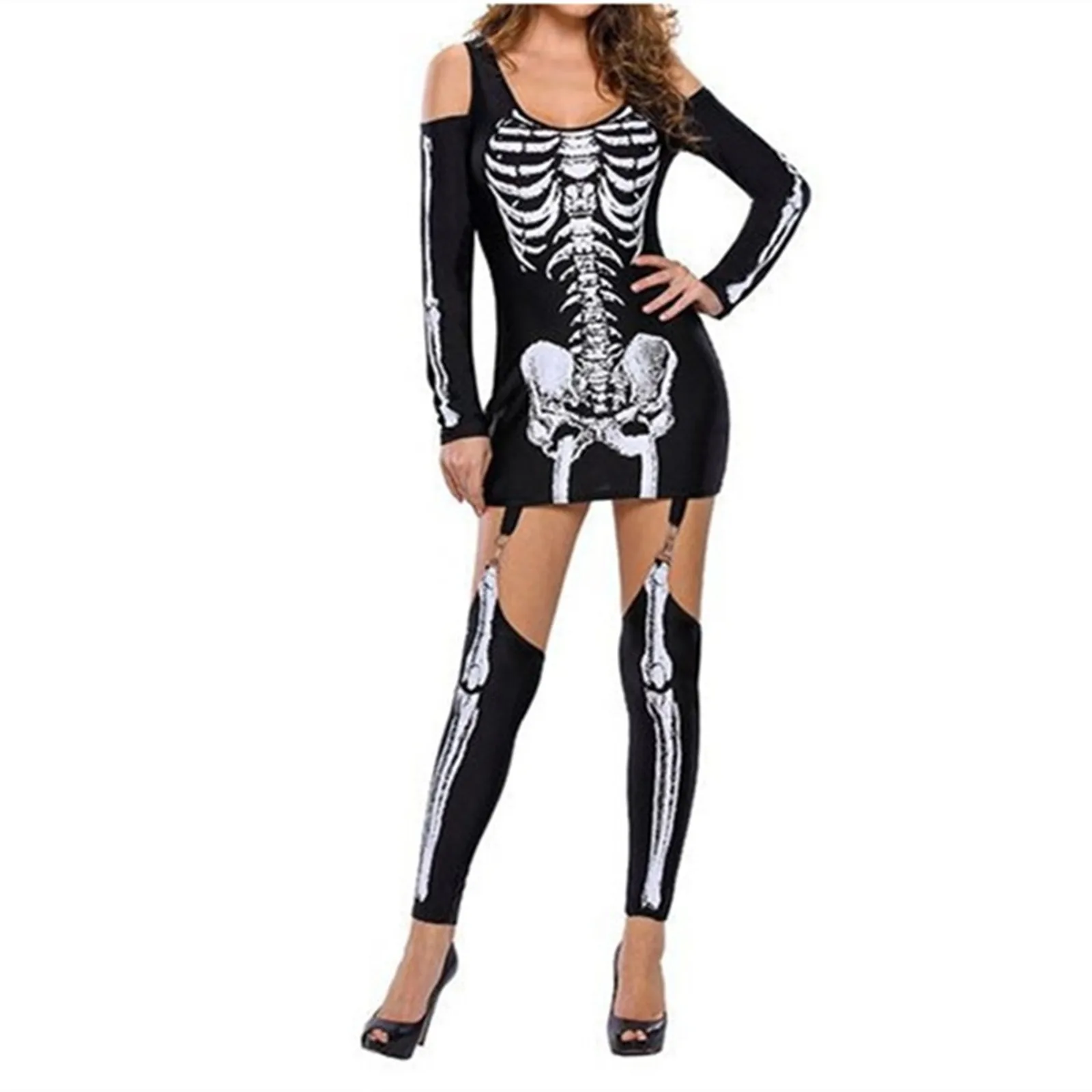 Halloween Costume Skeleton Print Dress Sexy Off Shoulder Masquerade Dresses Cute Round Neck Long Sleeve Dress Suit Women