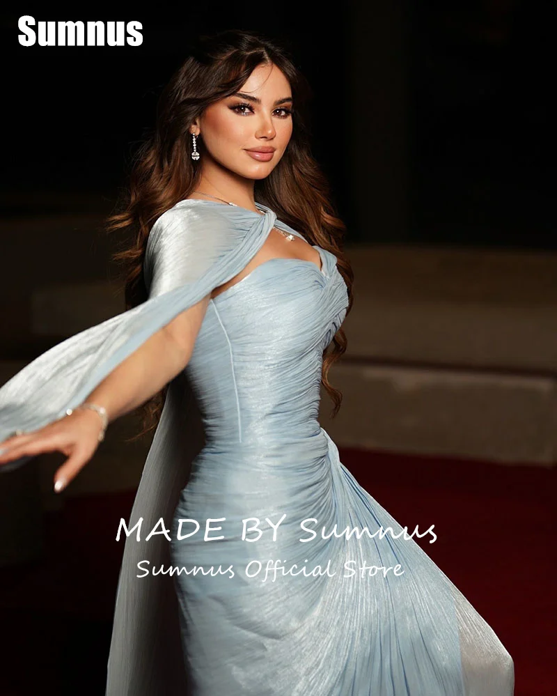 

Sumnus Elegant Mermaid Sky Blue Prom Dress Sweetheart Pleats Sleeveless Party Dresses Floor-Length Cape Evening Dress Customized