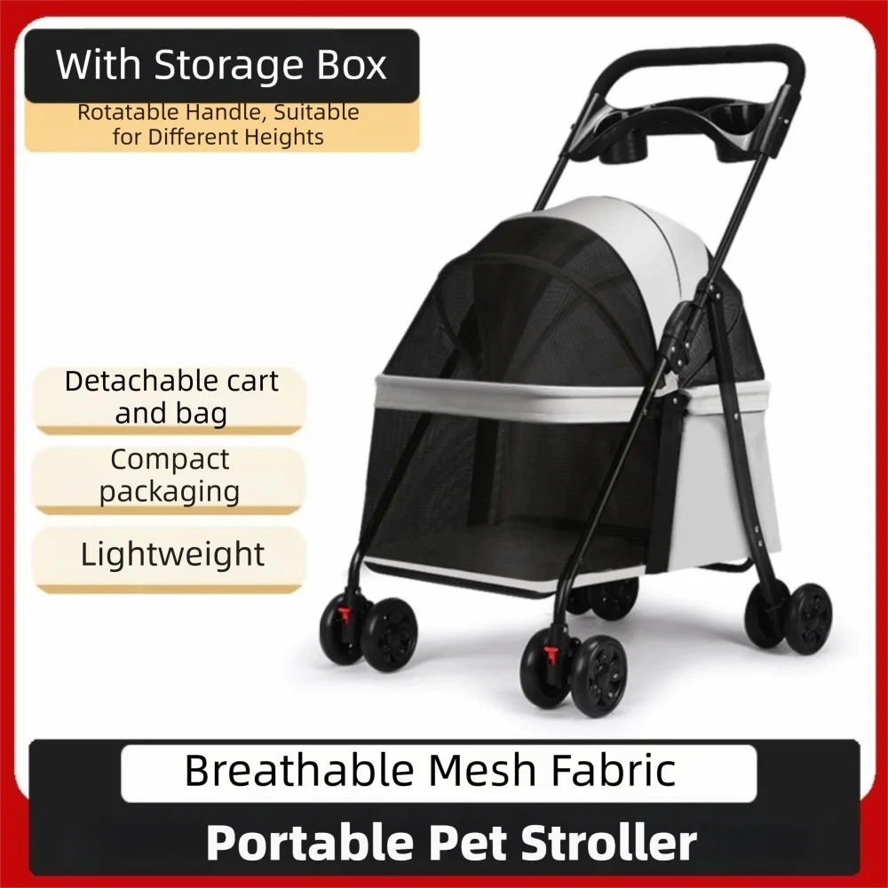 Smooth-Rolling Foldable Pet Stroller 4 Wheels Dog & Cat Pet Trolley Carrier Compact Large Capacity Pet Push Cart Outdoor