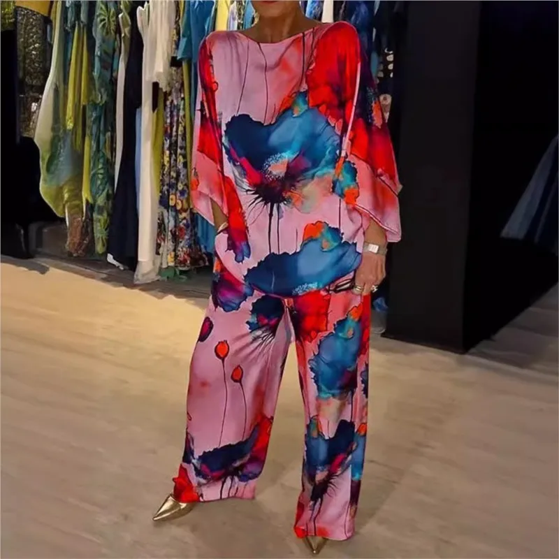 Summer Fashion Printed Satin Two Piece Sets Women Sexy Round Neck 3/4 Sleeved Top + Wide Leg Long Pants Casual Two Piece Set