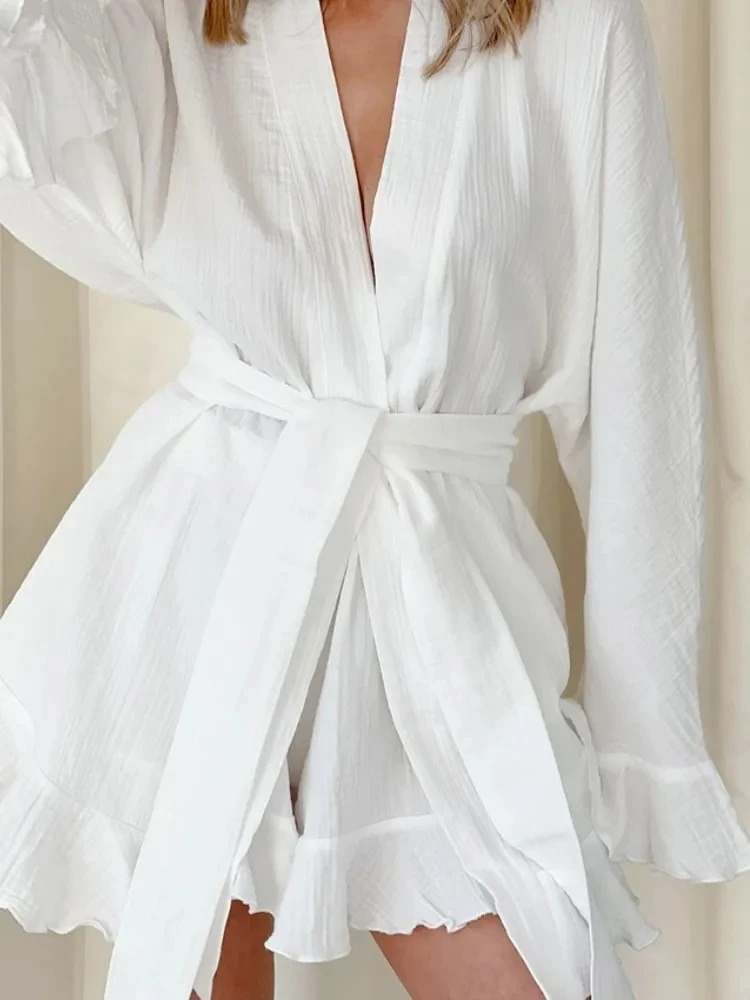 Top De manga larga, pantalones cortos holgados, conjuntos De 2 piezas, trajes para Mujer, Cinjunto De Dos blanco, conjunto De cinturón para Mujer, 2 Pièces Été