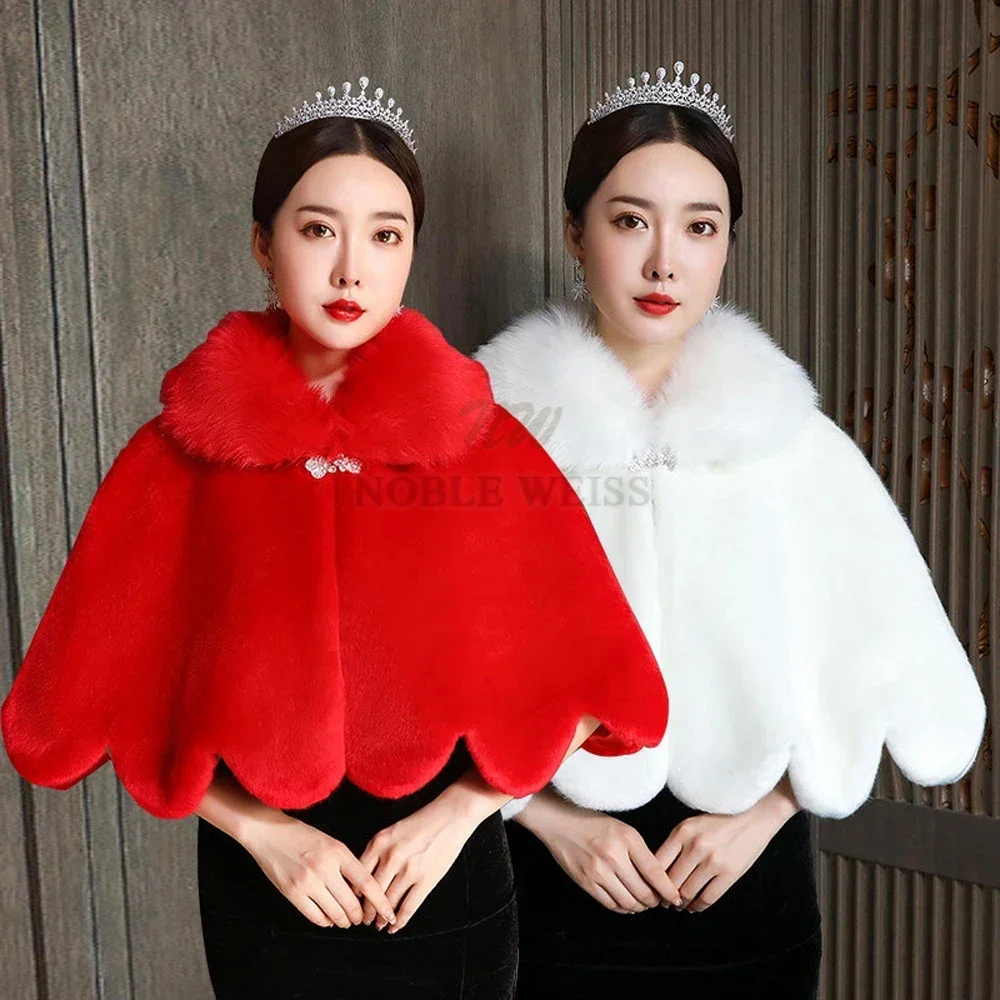 Faux Fur Wedding Shawl Winter Warm Prom Party Wrap Bride Cape Crystal Brooch Wrap Customized