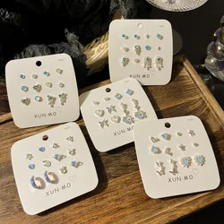 KADRUFI Sweet Y2K Blue Aurora Rhinestone Heart Star Moon Stud Earrings Set Women Korean Fashion Butterfly Earring Jewelry Gift