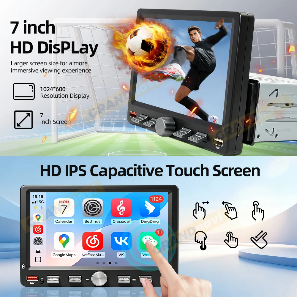 Einstellbarer Bildschirm 1Din MP5 Kabelloses Carplay Android Auto Autoradio FM EQ Mirror Link Universelles Auto-Audio-Multimedia-Player – Detail 2