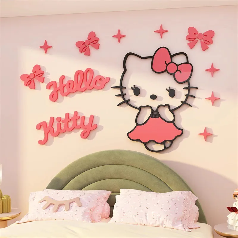 Hello Kitty Strawberry Wall Sticker DIY Self-assembly Sanrio Cartoon Anime 3D Acrylic Wall Stickers Kid Bedroom Wall Home Decor